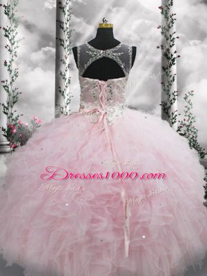 Baby Pink Sleeveless Beading and Ruffles Floor Length Ball Gown Prom Dress
