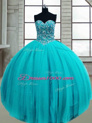 Extravagant Ball Gowns Ball Gown Prom Dress Aqua Blue Sweetheart Tulle Sleeveless Floor Length Lace Up