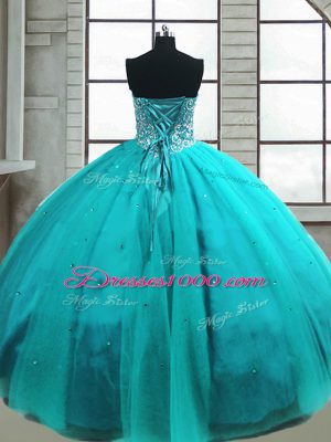 Extravagant Ball Gowns Ball Gown Prom Dress Aqua Blue Sweetheart Tulle Sleeveless Floor Length Lace Up