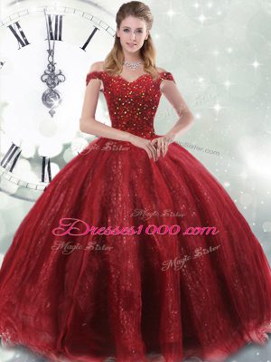 Eye-catching Wine Red Off The Shoulder Neckline Beading Ball Gown Prom Dress Sleeveless Lace Up