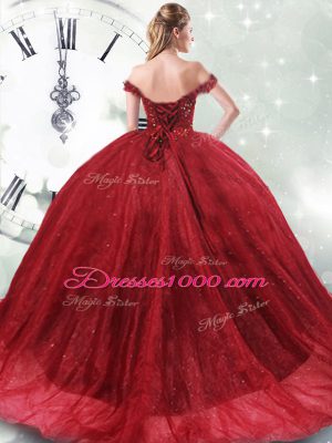 Eye-catching Wine Red Off The Shoulder Neckline Beading Ball Gown Prom Dress Sleeveless Lace Up