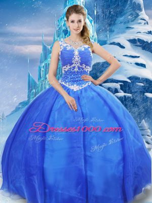 Ball Gowns Ball Gown Prom Dress Blue V-neck Organza Sleeveless Floor Length Zipper