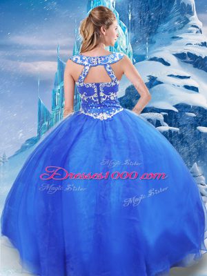 Ball Gowns Ball Gown Prom Dress Blue V-neck Organza Sleeveless Floor Length Zipper