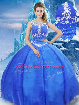 Ball Gowns Ball Gown Prom Dress Blue V-neck Organza Sleeveless Floor Length Zipper