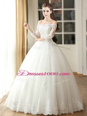 White Lace Up Off The Shoulder Lace and Appliques Wedding Dress Tulle 3 4 Length Sleeve
