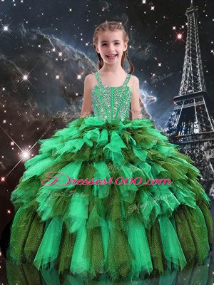 Apple Green Sleeveless Floor Length Beading and Ruffles Lace Up Kids Pageant Dress