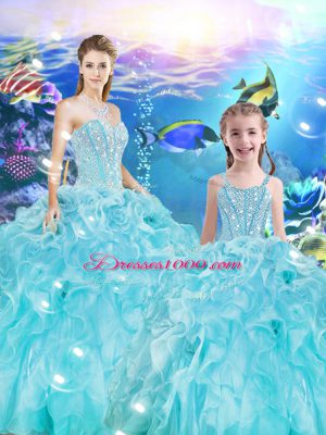 Perfect Aqua Blue Sweetheart Neckline Beading and Ruffles Quinceanera Gowns Sleeveless Lace Up