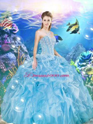 Perfect Aqua Blue Sweetheart Neckline Beading and Ruffles Quinceanera Gowns Sleeveless Lace Up