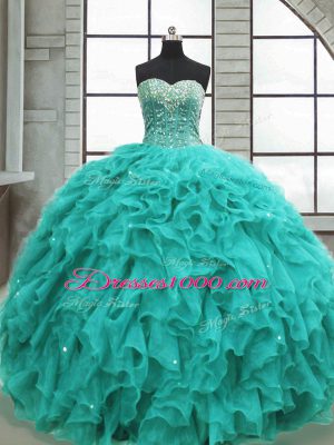 Wonderful Turquoise Ball Gowns Beading and Ruffles 15 Quinceanera Dress Lace Up Organza Sleeveless Floor Length