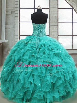 Wonderful Turquoise Ball Gowns Beading and Ruffles 15 Quinceanera Dress Lace Up Organza Sleeveless Floor Length