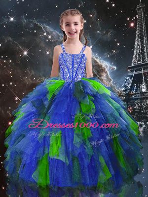 Ball Gowns Girls Pageant Dresses Blue Straps Tulle Sleeveless Floor Length Lace Up