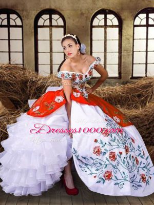 Comfortable Multi-color Lace Up Quinceanera Dresses Embroidery and Ruffled Layers Sleeveless Floor Length