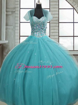 Inexpensive Aqua Blue Ball Gowns Tulle Sweetheart Sleeveless Beading and Sequins Floor Length Lace Up Sweet 16 Quinceanera Dress