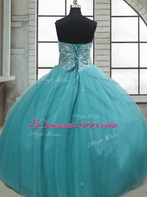 Inexpensive Aqua Blue Ball Gowns Tulle Sweetheart Sleeveless Beading and Sequins Floor Length Lace Up Sweet 16 Quinceanera Dress