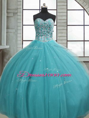 Inexpensive Aqua Blue Ball Gowns Tulle Sweetheart Sleeveless Beading and Sequins Floor Length Lace Up Sweet 16 Quinceanera Dress