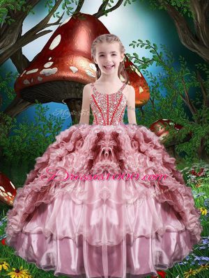Beading and Ruffles and Ruffled Layers Little Girls Pageant Dress Baby Pink Lace Up Sleeveless Floor Length