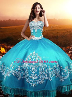 Popular Sleeveless Taffeta Floor Length Lace Up Quinceanera Gowns in Aqua Blue with Beading and Appliques