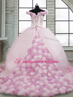 Excellent Pink Off The Shoulder Neckline Hand Made Flower Sweet 16 Dress Sleeveless Lace Up