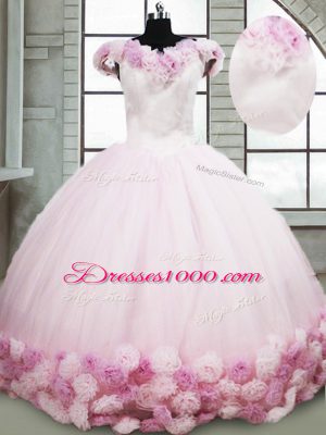 Excellent Pink Off The Shoulder Neckline Hand Made Flower Sweet 16 Dress Sleeveless Lace Up