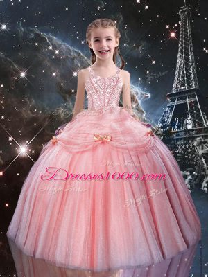 Nice Floor Length Lace Up Child Pageant Dress Rose Pink for Quinceanera and Wedding Party with Beading