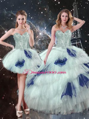 Top Selling Tulle Sweetheart Sleeveless Lace Up Beading and Ruffled Layers and Sequins Quince Ball Gowns in Blue And White