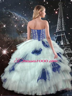 Top Selling Tulle Sweetheart Sleeveless Lace Up Beading and Ruffled Layers and Sequins Quince Ball Gowns in Blue And White