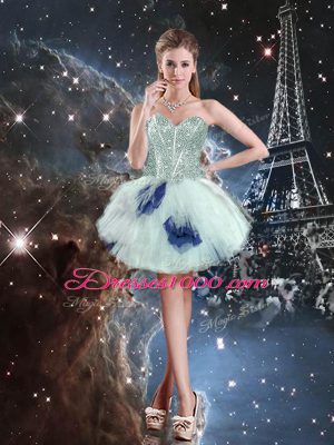Top Selling Tulle Sweetheart Sleeveless Lace Up Beading and Ruffled Layers and Sequins Quince Ball Gowns in Blue And White