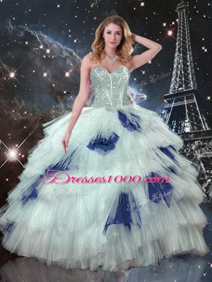 Top Selling Tulle Sweetheart Sleeveless Lace Up Beading and Ruffled Layers and Sequins Quince Ball Gowns in Blue And White