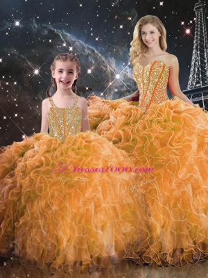 Romantic Orange Ball Gowns Beading and Ruffles Quinceanera Dresses Lace Up Organza Sleeveless Floor Length