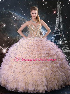Luxurious Peach Sweetheart Neckline Beading and Ruffles Quinceanera Gowns Sleeveless Lace Up