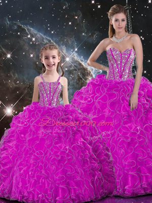 New Arrival Floor Length Lace Up Sweet 16 Dresses Fuchsia for Military Ball and Sweet 16 and Quinceanera with Beading and Ruffles