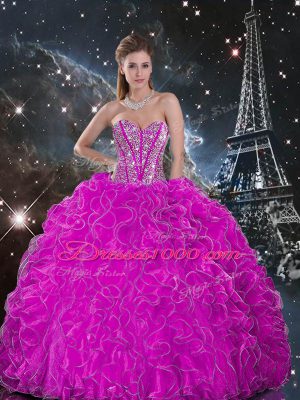 New Arrival Floor Length Lace Up Sweet 16 Dresses Fuchsia for Military Ball and Sweet 16 and Quinceanera with Beading and Ruffles