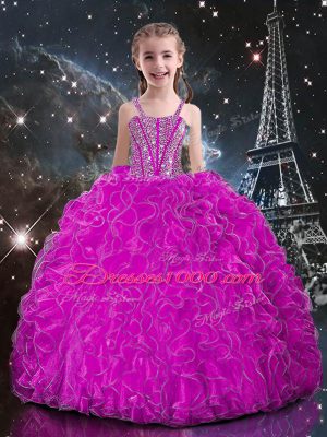 New Arrival Floor Length Lace Up Sweet 16 Dresses Fuchsia for Military Ball and Sweet 16 and Quinceanera with Beading and Ruffles
