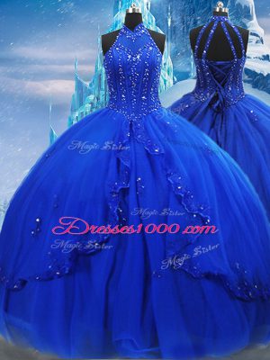 Free and Easy High-neck Sleeveless Tulle Ball Gown Prom Dress Beading and Ruffles Brush Train Lace Up