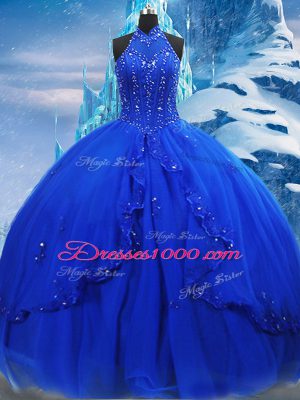 Free and Easy High-neck Sleeveless Tulle Ball Gown Prom Dress Beading and Ruffles Brush Train Lace Up