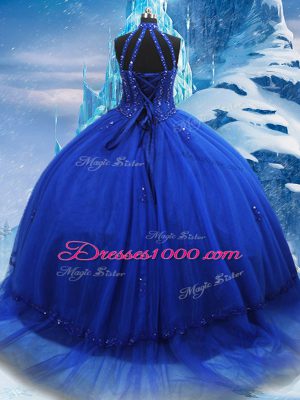 Free and Easy High-neck Sleeveless Tulle Ball Gown Prom Dress Beading and Ruffles Brush Train Lace Up