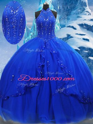 Free and Easy High-neck Sleeveless Tulle Ball Gown Prom Dress Beading and Ruffles Brush Train Lace Up