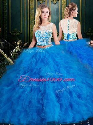 Dazzling Scoop Floor Length Zipper Ball Gown Prom Dress Blue for Military Ball and Sweet 16 and Quinceanera with Lace and Ruffles