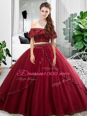 Wonderful Floor Length Burgundy Sweet 16 Dresses Tulle Sleeveless Lace and Ruffles