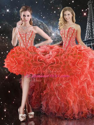Coral Red Lace Up Sweetheart Beading and Ruffles 15th Birthday Dress Organza Sleeveless
