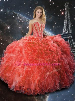 Coral Red Lace Up Sweetheart Beading and Ruffles 15th Birthday Dress Organza Sleeveless