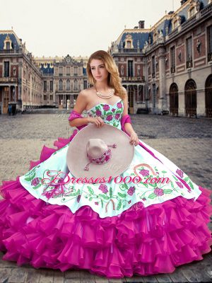 Eye-catching Fuchsia Sweetheart Neckline Embroidery and Ruffled Layers Sweet 16 Dress Sleeveless Lace Up