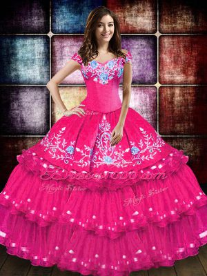 Hot Pink Off The Shoulder Lace Up Embroidery and Ruffled Layers Sweet 16 Quinceanera Dress Sleeveless