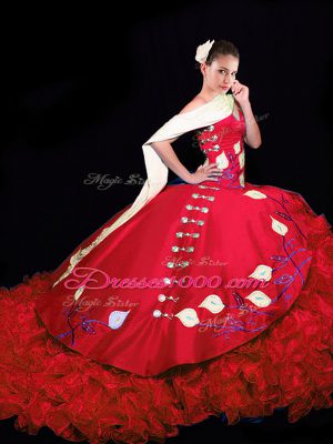 Amazing Red Ball Gowns Embroidery and Ruffles Vestidos de Quinceanera Lace Up Taffeta Sleeveless