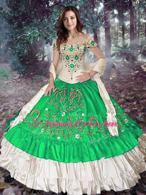 Simple Green Ball Gowns Off The Shoulder Sleeveless Taffeta Floor Length Lace Up Embroidery and Ruffled Layers Sweet 16 Dresses