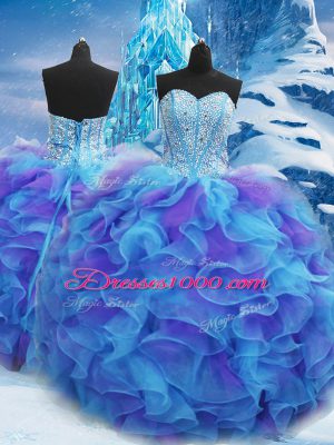 Stylish Sleeveless Floor Length Beading and Ruffles Lace Up Quinceanera Gown with Blue