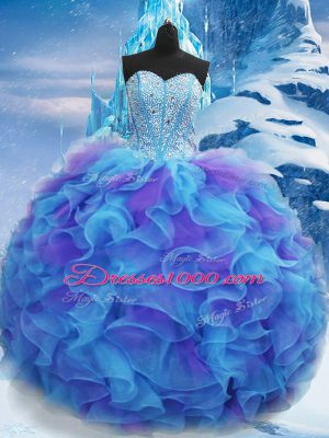 Stylish Sleeveless Floor Length Beading and Ruffles Lace Up Quinceanera Gown with Blue