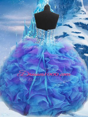 Stylish Sleeveless Floor Length Beading and Ruffles Lace Up Quinceanera Gown with Blue