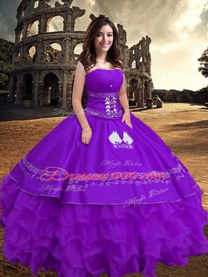 Luxury Strapless Sleeveless Taffeta Quinceanera Dress Embroidery and Ruffled Layers Zipper