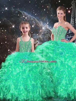 New Arrival Turquoise Lace Up Vestidos de Quinceanera Beading and Ruffles Sleeveless Floor Length